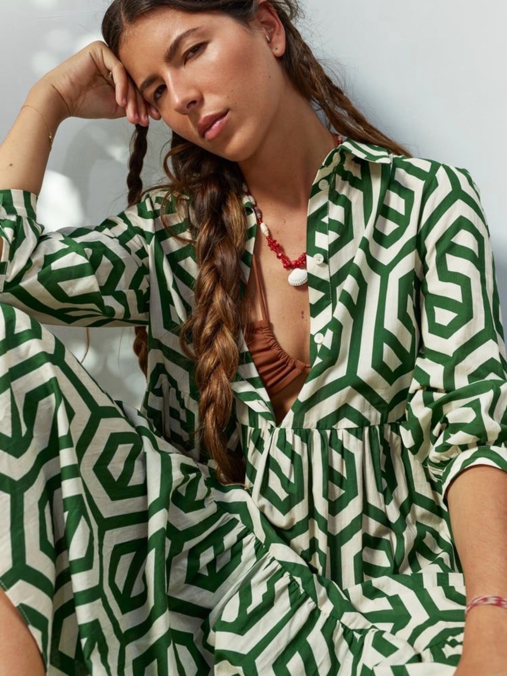 Zara Green Geometric Print Cotton Midi Shirt Dress Size Small